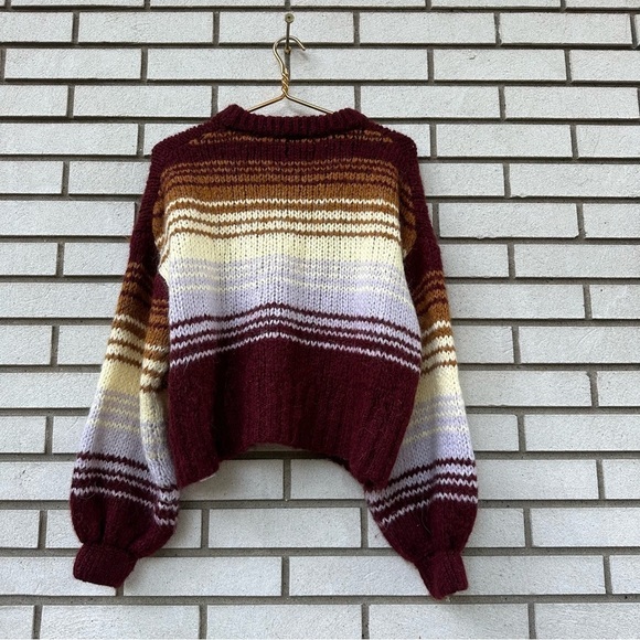 Zara Stripe Knit Sweater Balloon Sleeve Wool Alpaca Burgundy Rust Lavender Cream - Picture 7 of 11
